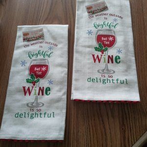 KITCHEN T TOWEL BNWT SET WHITE W A GLASS OF RED WINE